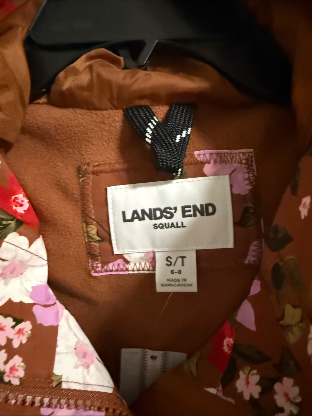 Lands’ End Floral Hooded Rain Jacket Brown Pink Waterproof Coat S/T - Picture 3 of 7